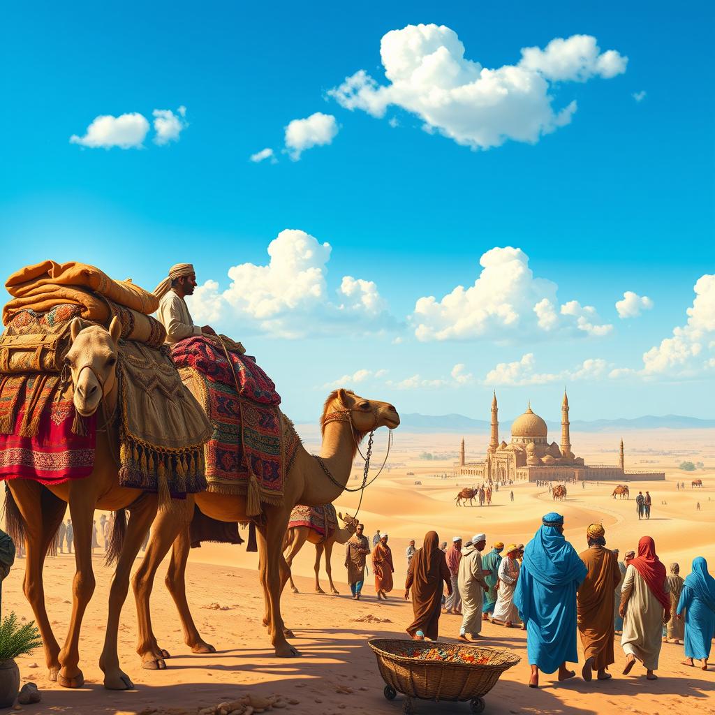 A historical depiction of the expansion of Islam, showcasing a vibrant scene of bustling trade routes across the Arabian Peninsula