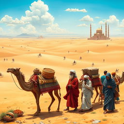 A historical depiction of the expansion of Islam, showcasing a vibrant scene of bustling trade routes across the Arabian Peninsula