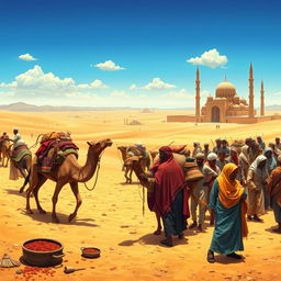 A historical depiction of the expansion of Islam, showcasing a vibrant scene of bustling trade routes across the Arabian Peninsula