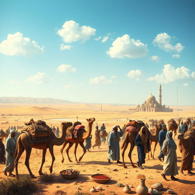 A historical depiction of the expansion of Islam, showcasing a vibrant scene of bustling trade routes across the Arabian Peninsula