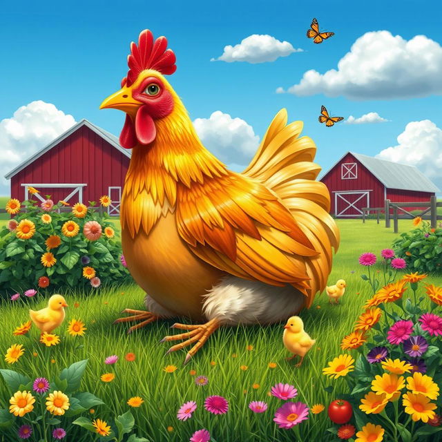 A whimsical scene depicting a chicken in a vibrant farm setting