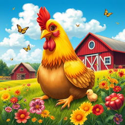 A whimsical scene depicting a chicken in a vibrant farm setting