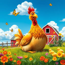 A whimsical scene depicting a chicken in a vibrant farm setting