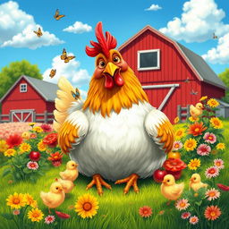 A whimsical scene depicting a chicken in a vibrant farm setting