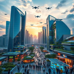 A futuristic cityscape of Latakia in the year 2050, showcasing advanced architecture with sleek glass skyscrapers and green spaces
