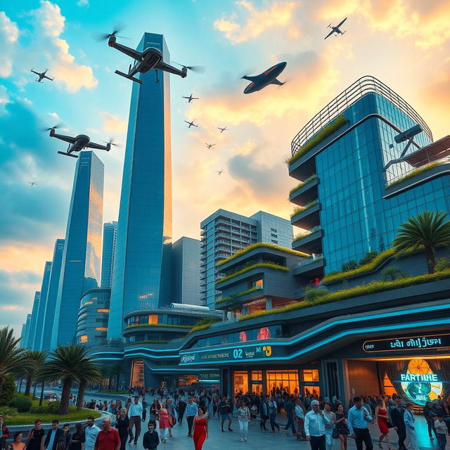 A futuristic cityscape of Latakia in the year 2050, showcasing advanced architecture with sleek glass skyscrapers and green spaces