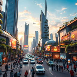 A futuristic cityscape of Qamishli in the year 2050, featuring advanced architecture with sleek skyscrapers, integrated greenery, and vibrant holographic advertisements