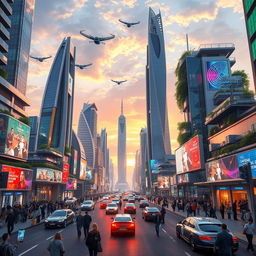 A futuristic cityscape of Qamishli in the year 2050, featuring advanced architecture with sleek skyscrapers, integrated greenery, and vibrant holographic advertisements