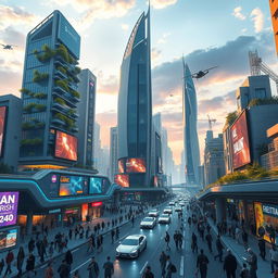 A futuristic cityscape of Qamishli in the year 2050, featuring advanced architecture with sleek skyscrapers, integrated greenery, and vibrant holographic advertisements