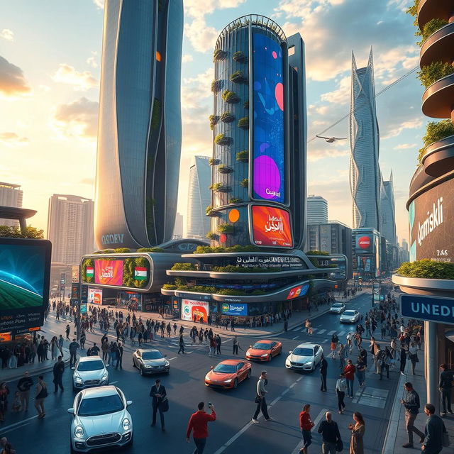 A futuristic cityscape of Qamishli in the year 2050, featuring advanced architecture with sleek skyscrapers, integrated greenery, and vibrant holographic advertisements