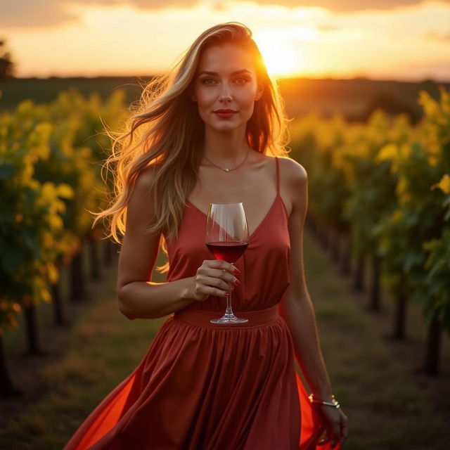 A stunningly beautiful woman elegantly holding a glass of red wine, surrounded by a lush vineyard at sunset, her hair flowing gently in the breeze, wearing a flowing silk dress that subtly reflects the golden light, vineyard rows stretching into the distance, soft glowing ambiance, a romantic and serene atmosphere