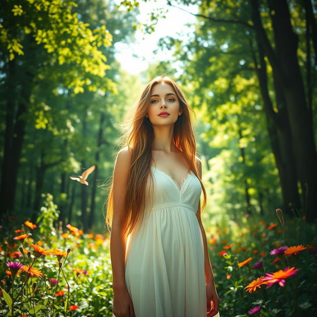 An attractive woman standing in a lush, green forest, surrounded by tall trees and vibrant wildflowers