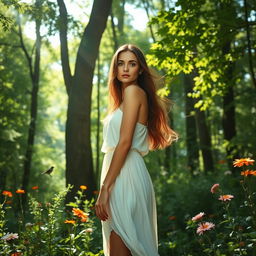 An attractive woman standing in a lush, green forest, surrounded by tall trees and vibrant wildflowers