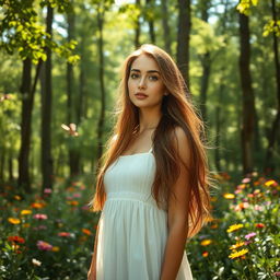 An attractive woman standing in a lush, green forest, surrounded by tall trees and vibrant wildflowers