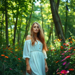 An attractive woman standing in a lush, green forest, surrounded by tall trees and vibrant wildflowers