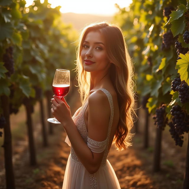 A captivating scene featuring a beautiful woman in an elegant garden vineyard, gracefully holding a glass of red wine