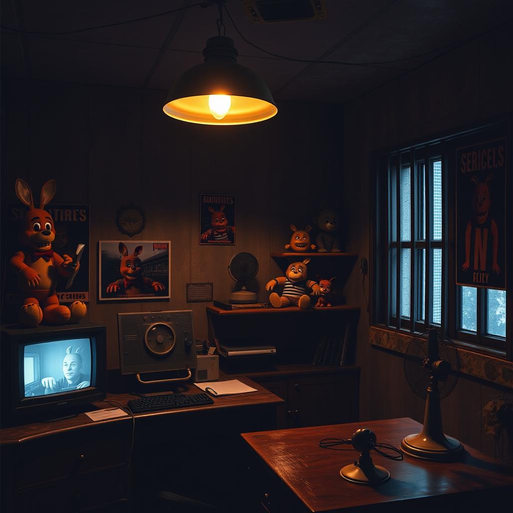 A Five Nights at Freddy's-themed office, featuring dim lighting and an eerie atmosphere