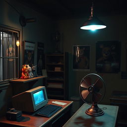 A Five Nights at Freddy's-themed office, featuring dim lighting and an eerie atmosphere