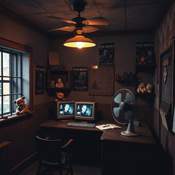 A Five Nights at Freddy's-themed office, featuring dim lighting and an eerie atmosphere