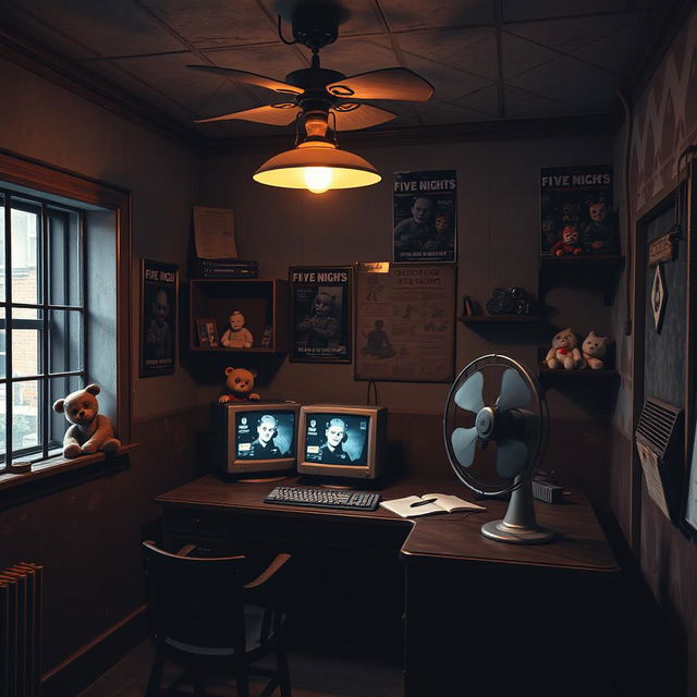 A Five Nights at Freddy's-themed office, featuring dim lighting and an eerie atmosphere