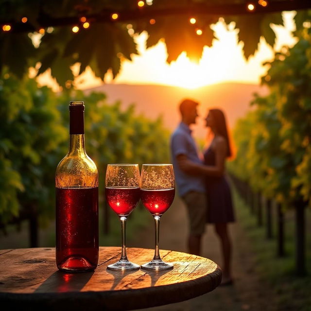 A romantic scene set in a cozy vineyard during sunset, featuring a beautifully crafted wine bottle and two elegant glasses filled with red wine on a rustic wooden table