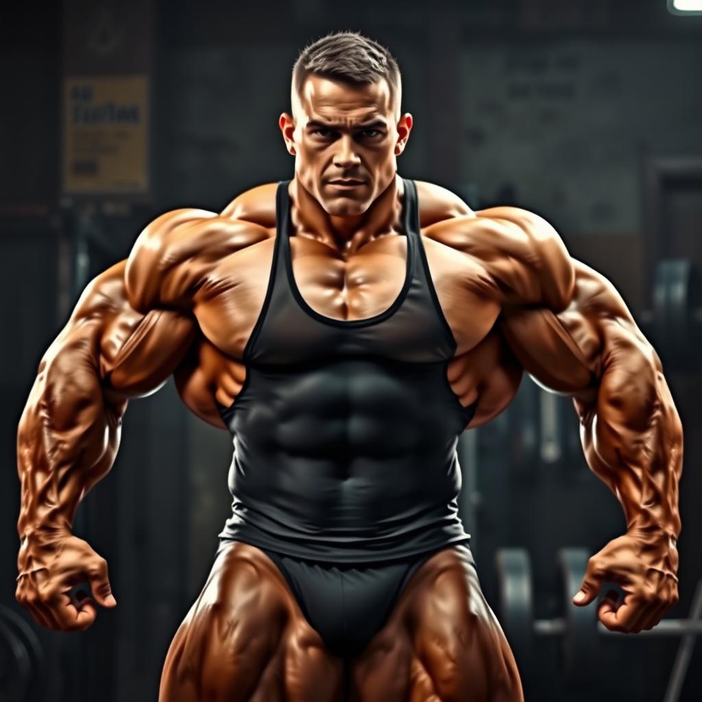 A highly muscular male figure, showcasing an impressive physique with defined muscles on arms, chest, and legs