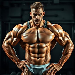 A highly muscular male figure, showcasing an impressive physique with defined muscles on arms, chest, and legs