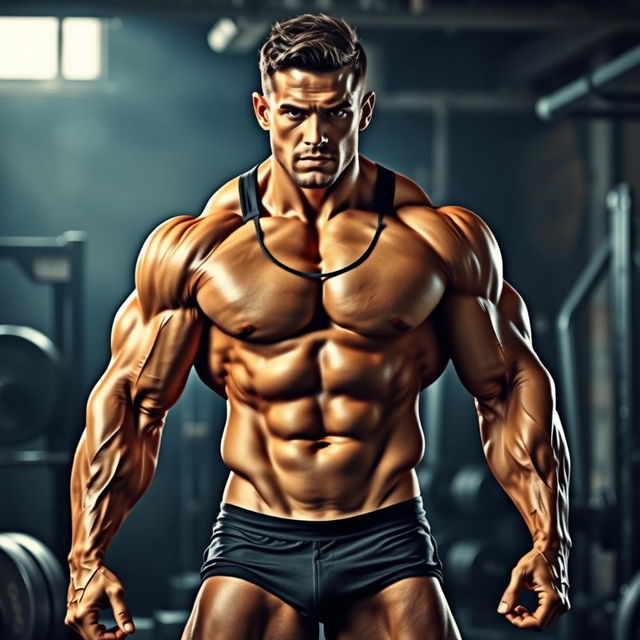 A highly muscular male figure, showcasing an impressive physique with defined muscles on arms, chest, and legs