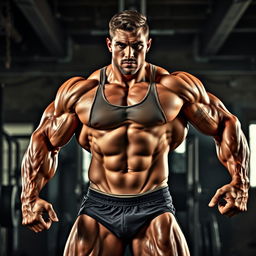A highly muscular male figure, showcasing an impressive physique with defined muscles on arms, chest, and legs