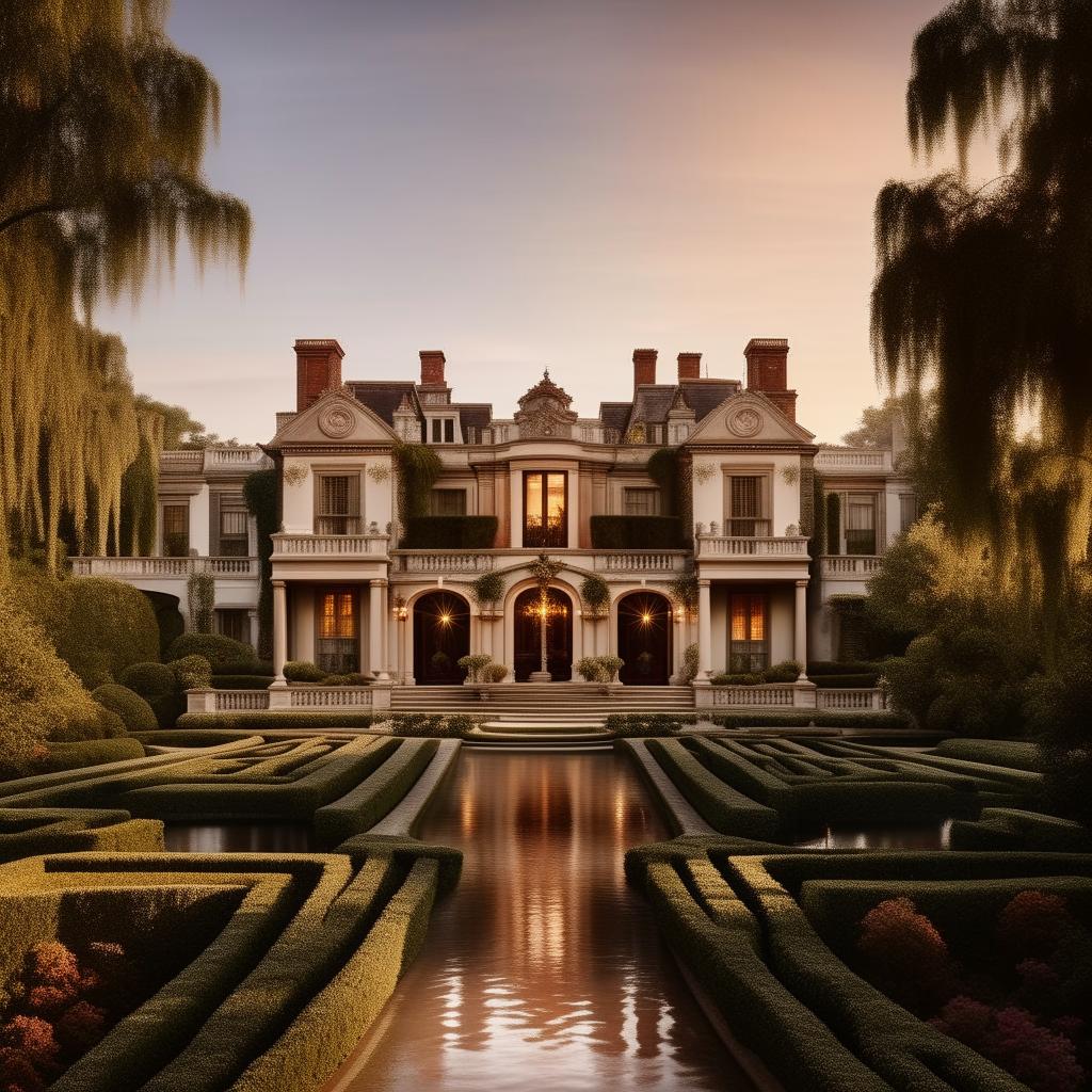 An opulent, architecturally stunning mansion bathed in warm sunlight, surrounded by impeccably landscaped gardens, set against a serene, picturesque backdrop