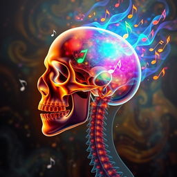 A surreal and artistic depiction of a human head in an X-ray style, with vibrant colors radiating from the skull, as if it is singing