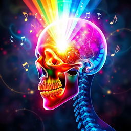 A surreal and artistic depiction of a human head in an X-ray style, with vibrant colors radiating from the skull, as if it is singing