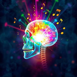 A surreal and artistic depiction of a human head in an X-ray style, with vibrant colors radiating from the skull, as if it is singing