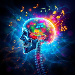A surreal and artistic depiction of a human head in an X-ray style, with vibrant colors radiating from the skull, as if it is singing