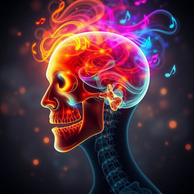 A captivating and surreal image of a human head depicted in an X-ray style, showcasing vibrant and bright colors emanating from within the skull, symbolizing the act of singing