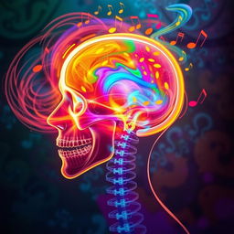 A captivating and surreal image of a human head depicted in an X-ray style, showcasing vibrant and bright colors emanating from within the skull, symbolizing the act of singing