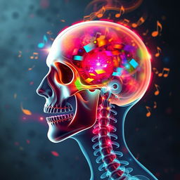 A captivating and surreal image of a human head depicted in an X-ray style, showcasing vibrant and bright colors emanating from within the skull, symbolizing the act of singing