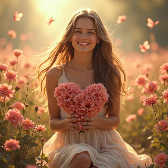 A beautiful young woman with long flowing hair, sitting in a romantic garden filled with blooming flowers, her soft smile radiating warmth and affection