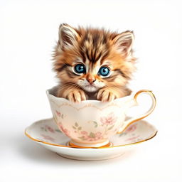 A charming and adorable kitten sitting snugly in a delicate teacup