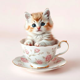 A charming and adorable kitten sitting snugly in a delicate teacup