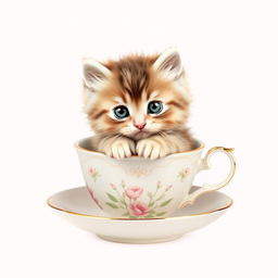 A charming and adorable kitten sitting snugly in a delicate teacup