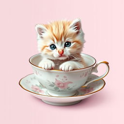 A charming and adorable kitten sitting snugly in a delicate teacup
