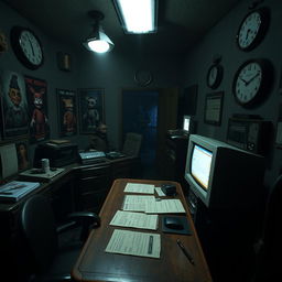 A Five Nights at Freddy's themed office setting, featuring dim, flickering lights, a vintage desk with old papers and a computer monitor displaying static