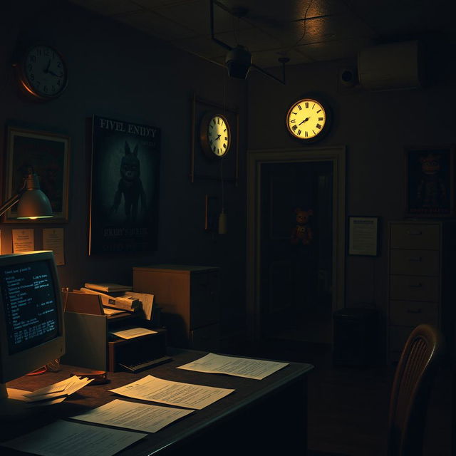 A Five Nights at Freddy's themed office setting, featuring dim, flickering lights, a vintage desk with old papers and a computer monitor displaying static