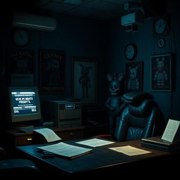A Five Nights at Freddy's themed office setting, featuring dim, flickering lights, a vintage desk with old papers and a computer monitor displaying static