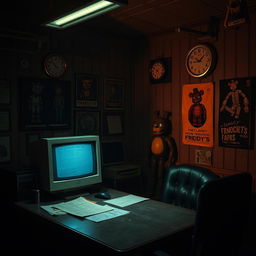 A Five Nights at Freddy's themed office setting, featuring dim, flickering lights, a vintage desk with old papers and a computer monitor displaying static