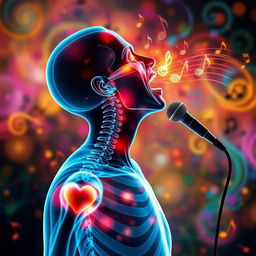 An imaginative and artistic representation of a person depicted in an X-ray style, engaged in singing