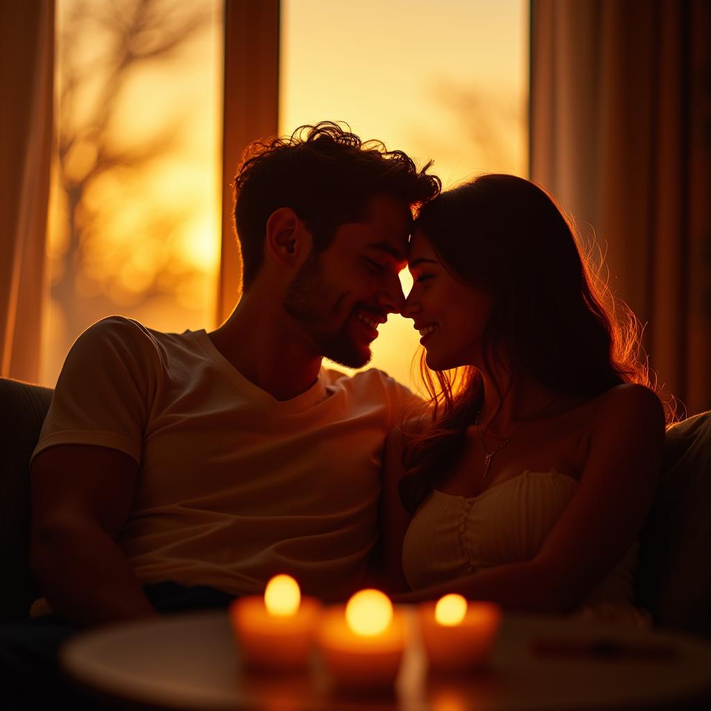 A romantic scene featuring a young couple in a cozy setting, with soft warm lighting