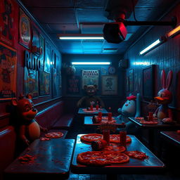 A dimly lit, eerie pizzeria interior similar to Five Nights at Freddy's, featuring animatronic characters lurking in the shadows