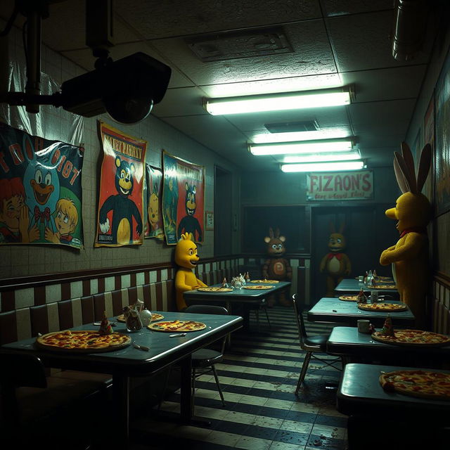 A dimly lit, eerie pizzeria interior similar to Five Nights at Freddy's, featuring animatronic characters lurking in the shadows